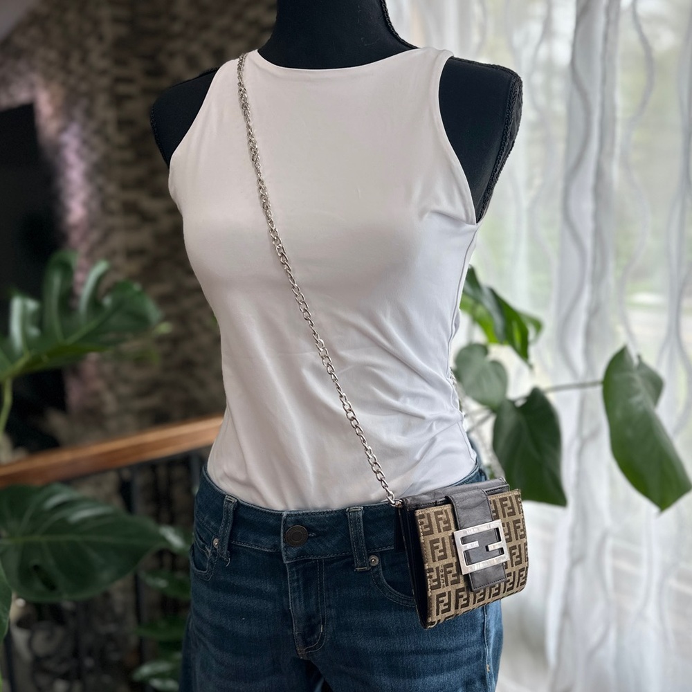 Fendi Zucca Mini Crossbody Wallet FF Logo Buckle Chain Included